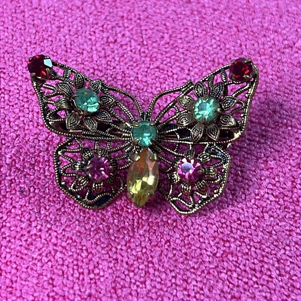Vintage Delicate Gold Tone Butterfly With Rhinestones